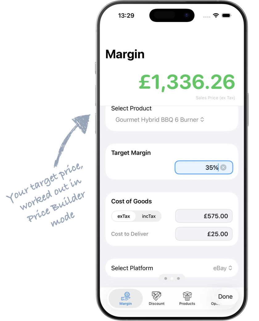 Profit Margin Analyser iPhone app showing Price Builder mode — sales price of £1,336.26 calculated from a 35% target margin, product cost and eBay platform fee
