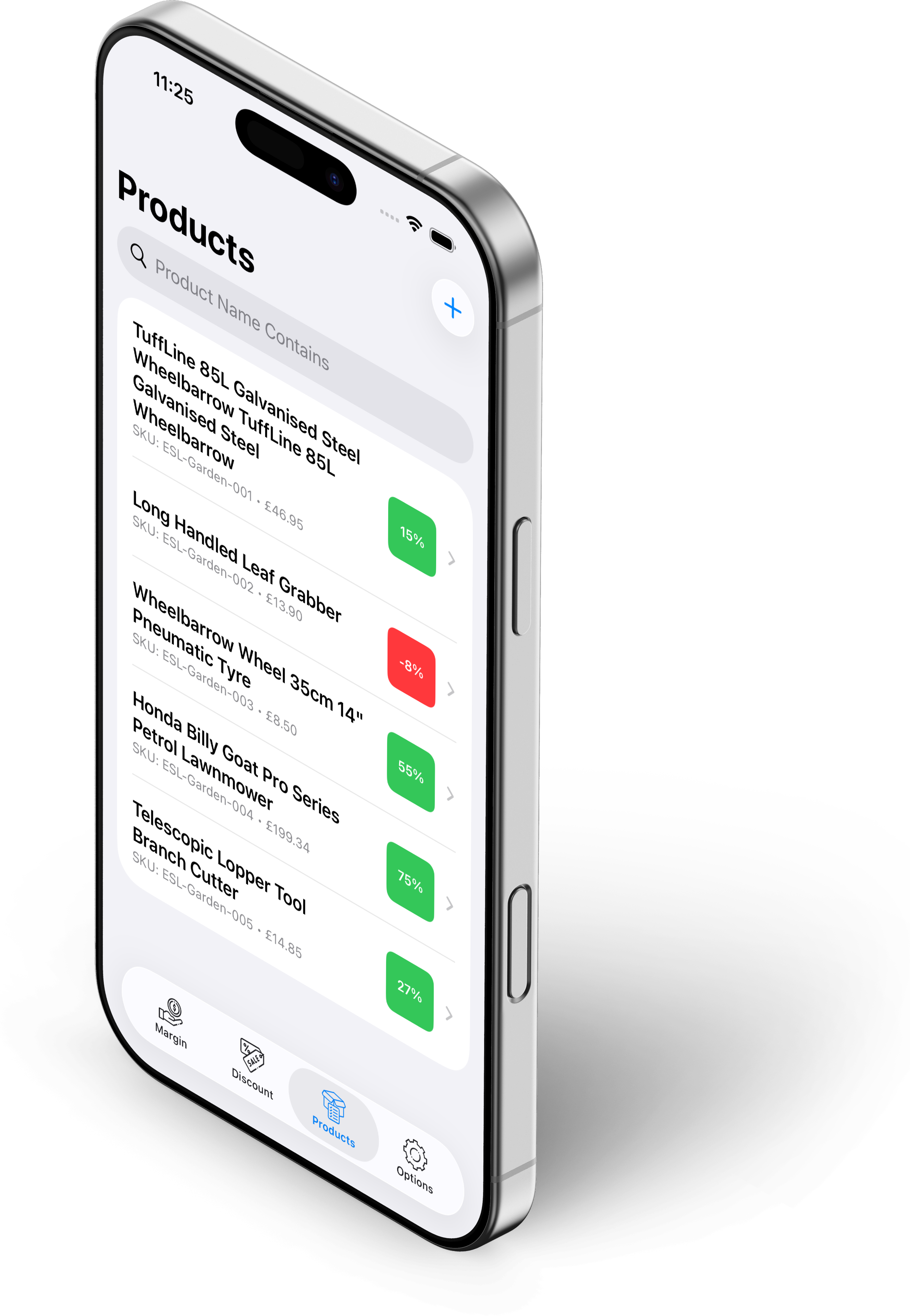 Profit Margin Analyser product library screen showing saved products with cost, delivery and fee details