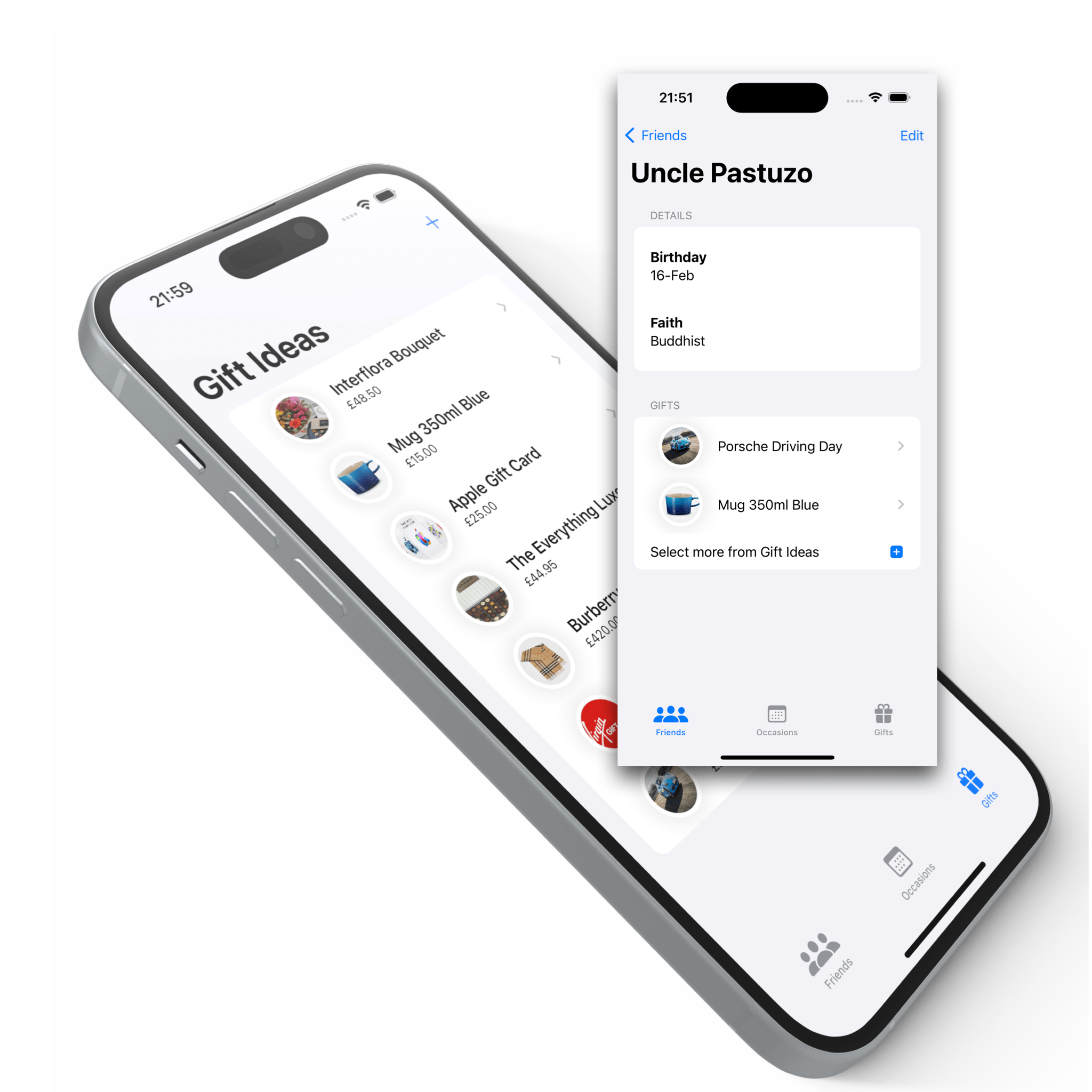 Gift Tracker iOS app showing a gift ideas list and a friend's profile with birthday, faith and saved gifts